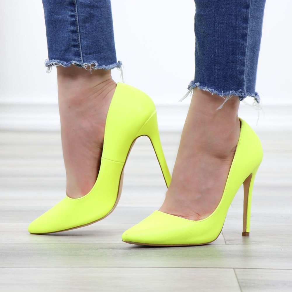 Neon Yellow Faux Leather Pointy Toe High Heels - Picture 13 of 14